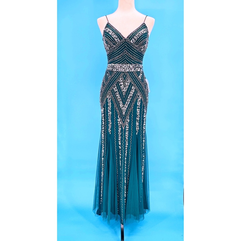 Marina Hunter Green Beaded‎ Sequin Maxi Gown Dress Size 2 NEW Gatsby Cruise